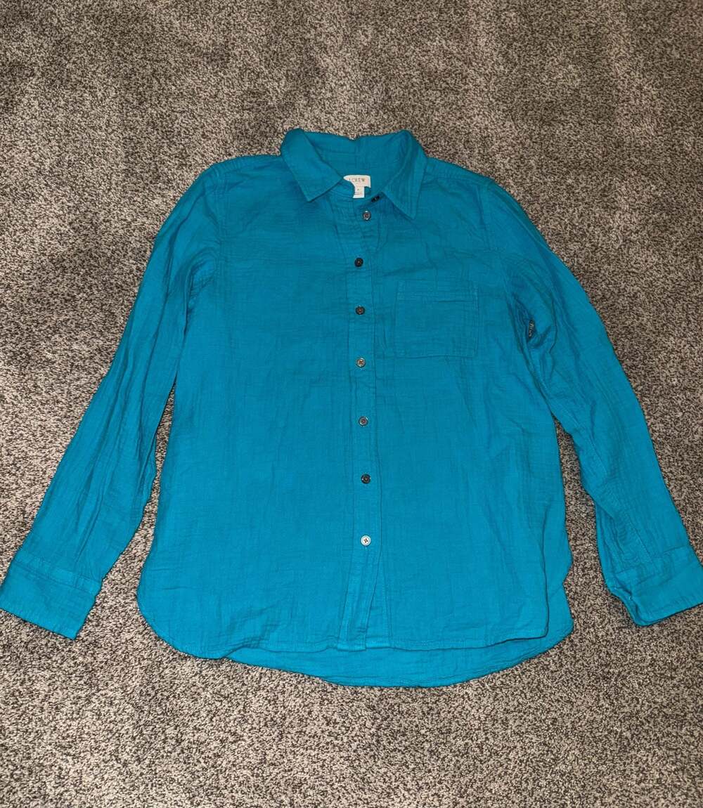 J.Crew Women's Long Sleeve Button-Down Shirt in Teal Gauze